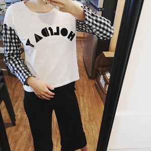 White long sleeve T-shirt with plaid sleeves